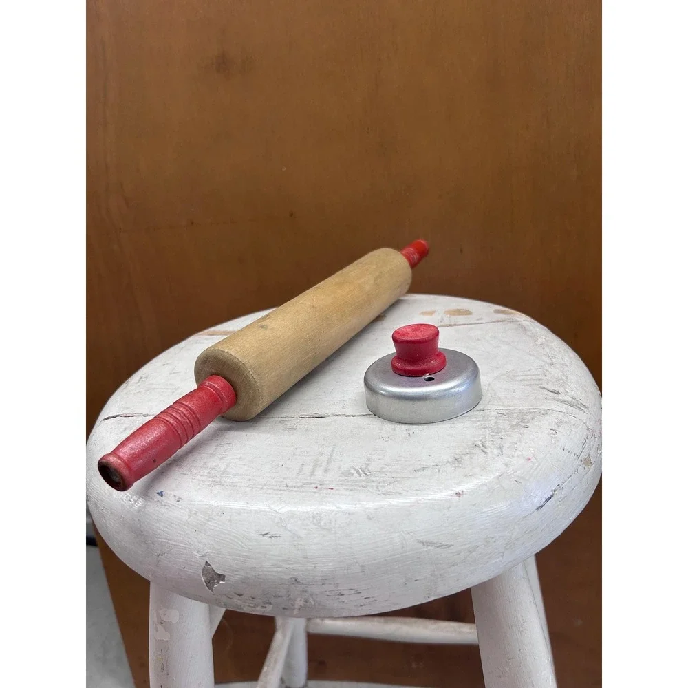 Wooden Rolling Pin & Biscuit/Cookie Cutter w/ Doughnut Hole Insert Red Handles